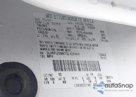 2003 Lincoln Navigator z USA, uszkodzony, nr VIN 5LMFU28R73LJ35968